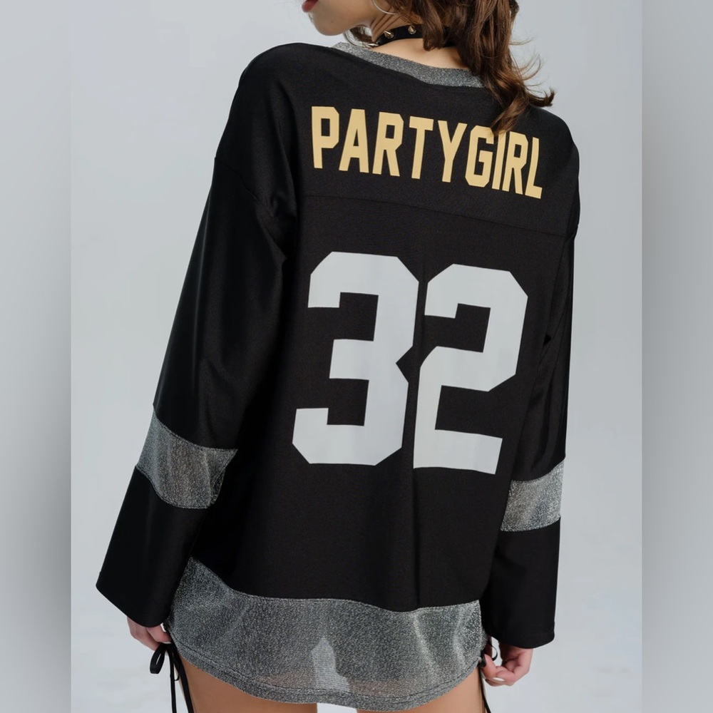 Dolls Kill by Pretty Damage Black and Gold Party Girl Jersey NWT